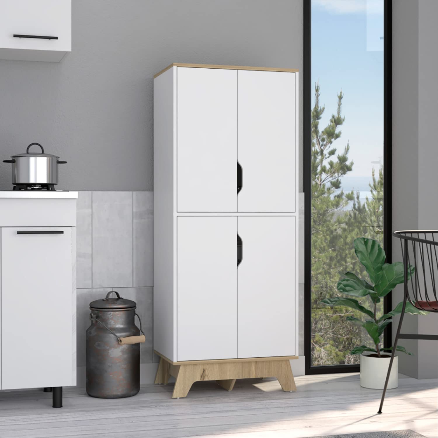 Multistorage Cabinet 59" H, 4 Doors, 4 Internal Shelves, Light Oak/White