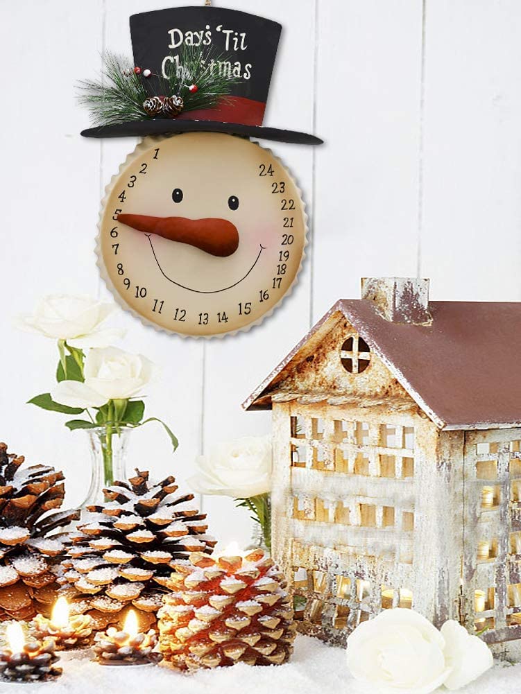 Morning View Metal Snowman Advent Calendar - 24 Days Countdown, Rustic 10x14 Inch, Red and White Wall Decor