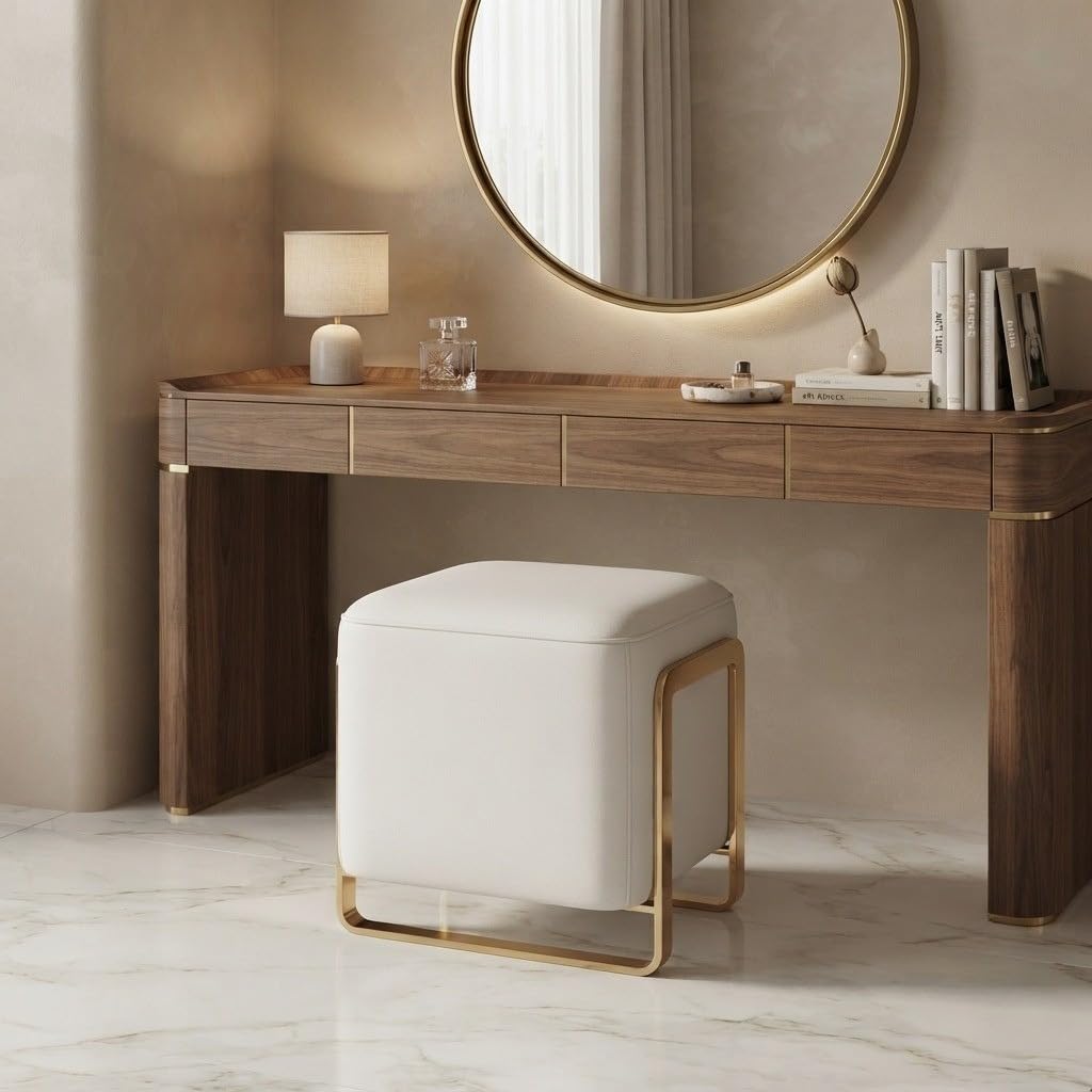 Lyxera Upholstered Ottoman Stool For Bedroom, Dressing Table & Living Room, Padded Ottoman With Sturdy Metal Base, Compact Footr