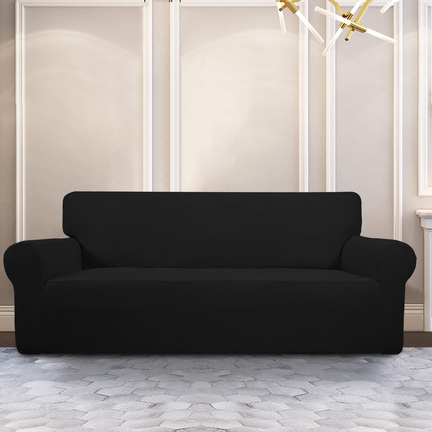 Purefit Stretch Sofa Slipcover – Spandex Jacquard Non Slip Soft Couch Sofa Cover, Washable Furniture Protector With Non Skid Foam And Elastic Bottom For Kids (Sofa, Black)