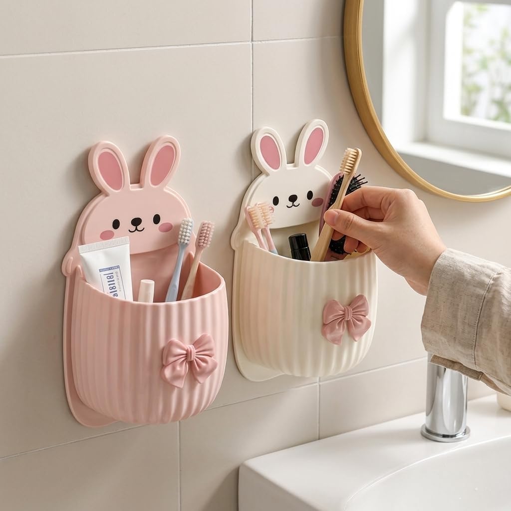 Rabbit Toothbrush Holder for Bathroom | Wall Mounted Self Adhesive Organizer | Toothpaste, Comb, Razor & Makeup Brush Storage | 
