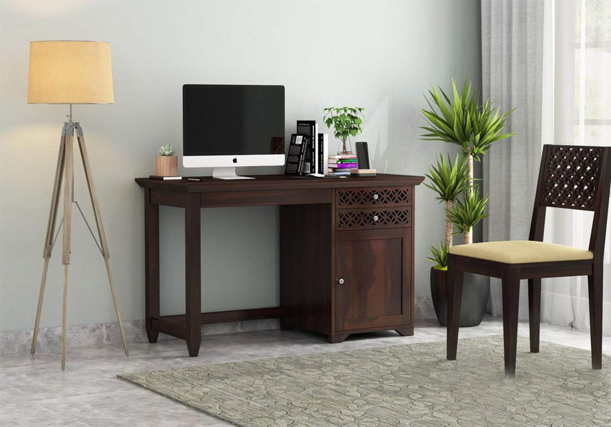 Cherry Wood Sheesham Wood Writing 2 Storage Drawer And 1 Cabinet Study Desk Laptop Table For Home And Office With Chair (Walnut