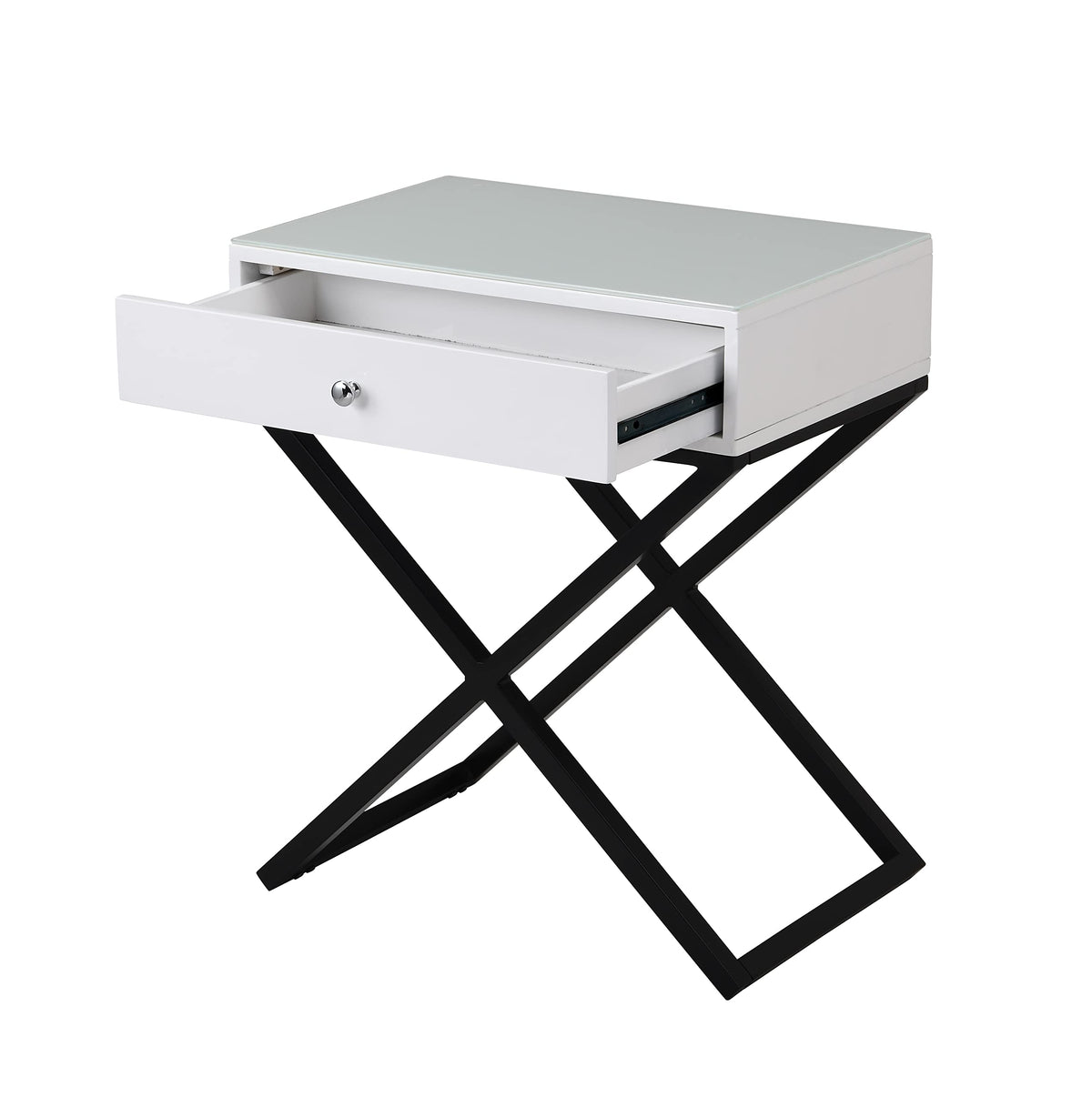 Lilola Home Koda White Wooden End Side Table Nightstand with Glass Top, Drawer and Metal Cross Base