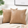 Fancy Homi 2 Packs Tan Decorative Throw Pillow Covers 18X18 Inch For Outdoor Couch Bed, Waterproof Faux Leather Hand Stitched Be