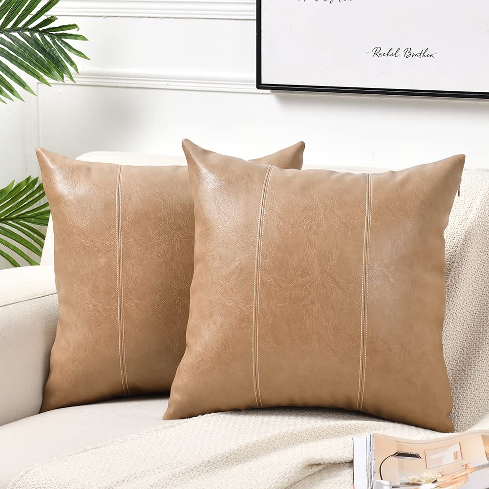 Fancy Homi 2 Packs Tan Decorative Throw Pillow Covers 18X18 Inch For Outdoor Couch Bed, Waterproof Faux Leather Hand Stitched Be