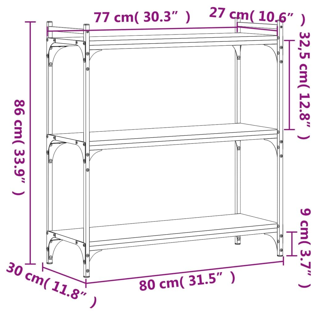 vidaXL Black Bookcase 3-Tier, Industrial Style Engineered Wood and Metal Frame for Home or Office, Easy to Assemble and Clean - 31.5"x11.8"x33.9"