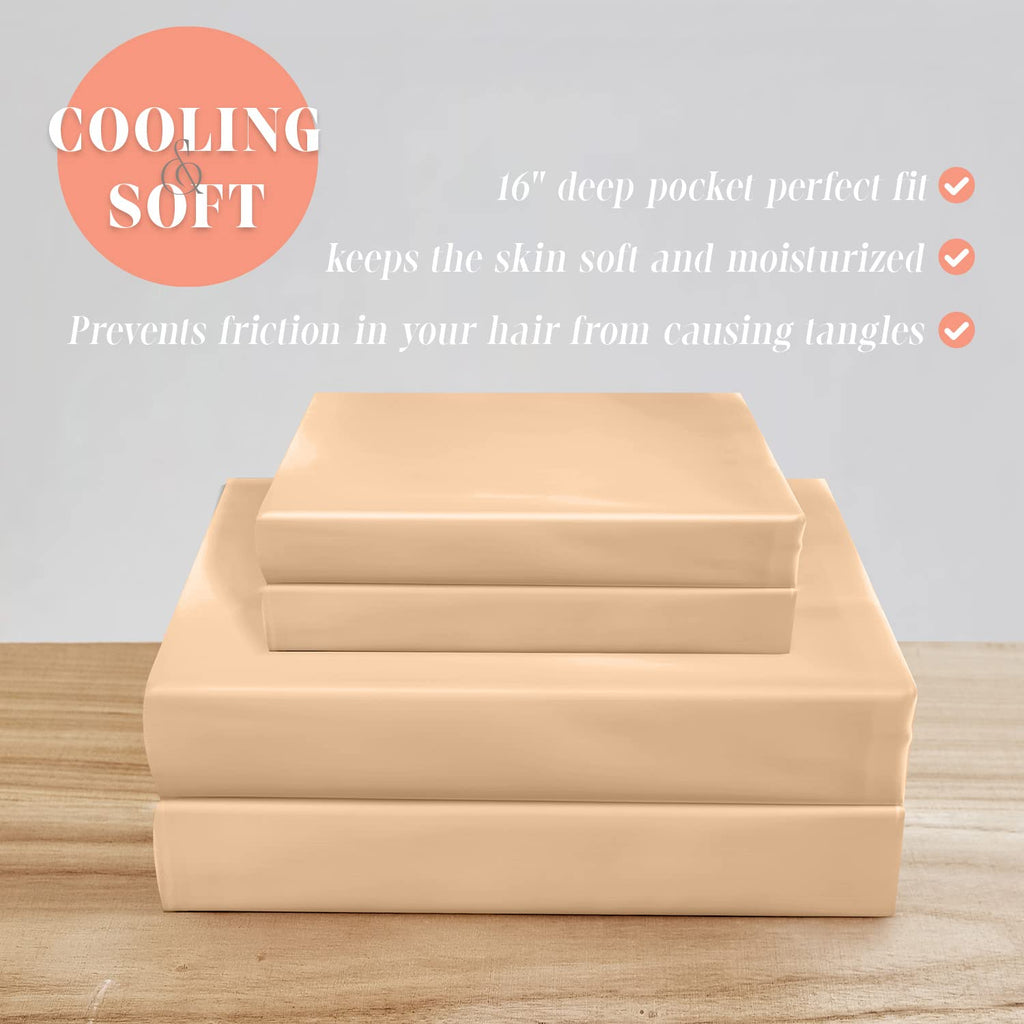 Elegant Comfort Luxurious 4-Piece Silky Satin Sheet Set, Skin And Hair Friendly, Wrinkle, Fade, Stain Resistant With Deep Pockets Fitted Sheet, Cooling Soft Satin Sheet Set, Full, Champaign