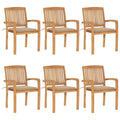 vidaXL 6X Solid Teak Wood Stacking Patio Chairs with Cushions Wooden Garden Dining Chairs Stackable Backyard Chairs Balcony Armc
