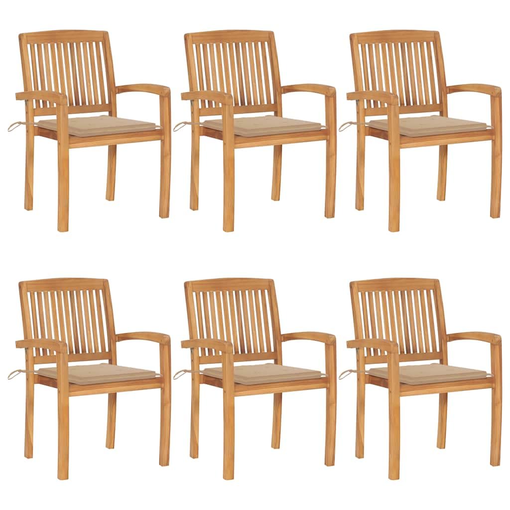 vidaXL 6X Solid Teak Wood Stacking Patio Chairs with Cushions Wooden Garden Dining Chairs Stackable Backyard Chairs Balcony Armc