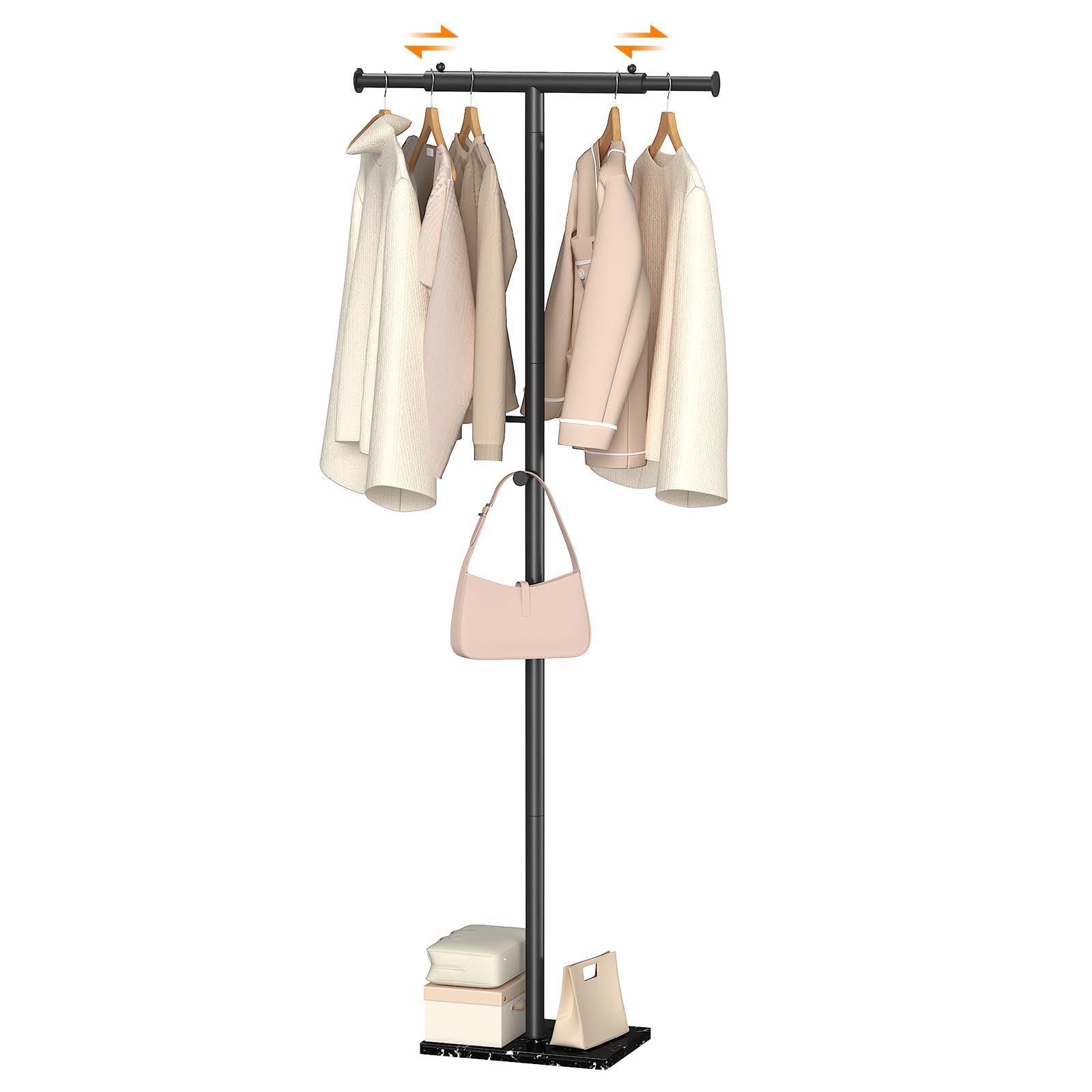 ELYKEN Coat Rack Freestanding with Natural Marble Base, Width Adjustable T-shaped Metal Coat Tree with 2 Hooks, Modern Coat Rack
