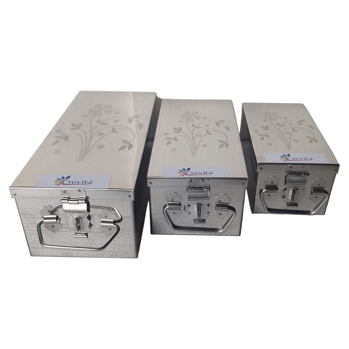 Crevita Stainless Steel Locker Jewellery box Size 8 Inch, 10 Inch, 12 Inch. With Laser Printed Design  Steel (MultiPack of 3)