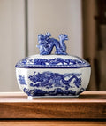 Festcool Classic Blue and White Ceramic Porcelain Jar Rectangle Canister, Sugar Candy Container, Tea Container, Dragon Button Li
