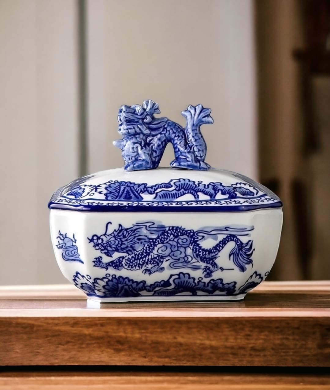Festcool Classic Blue and White Ceramic Porcelain Jar Rectangle Canister, Sugar Candy Container, Tea Container, Dragon Button Li
