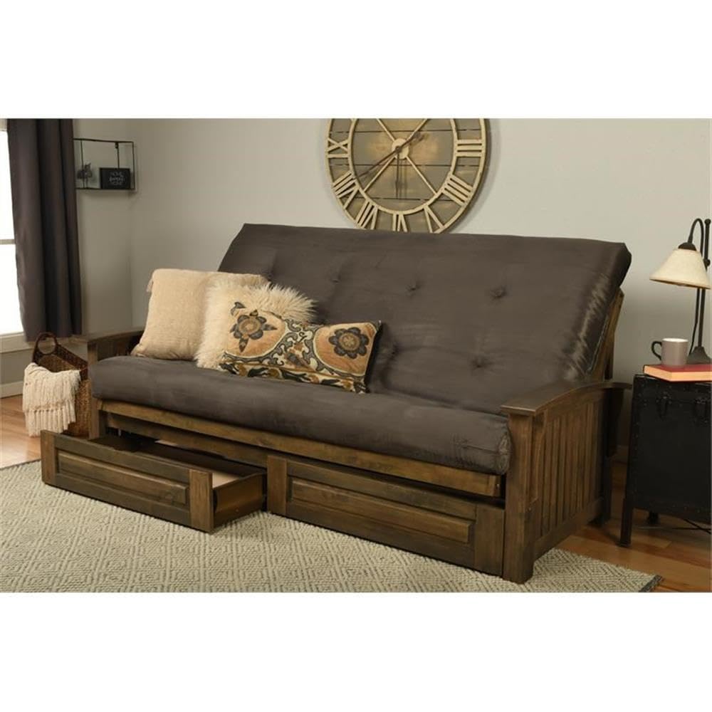 Kodiak Furniture Washington Queen Size Futon Frame with Storage Drawers - Wood Futon Frame with Mattress Included in Gray Color
