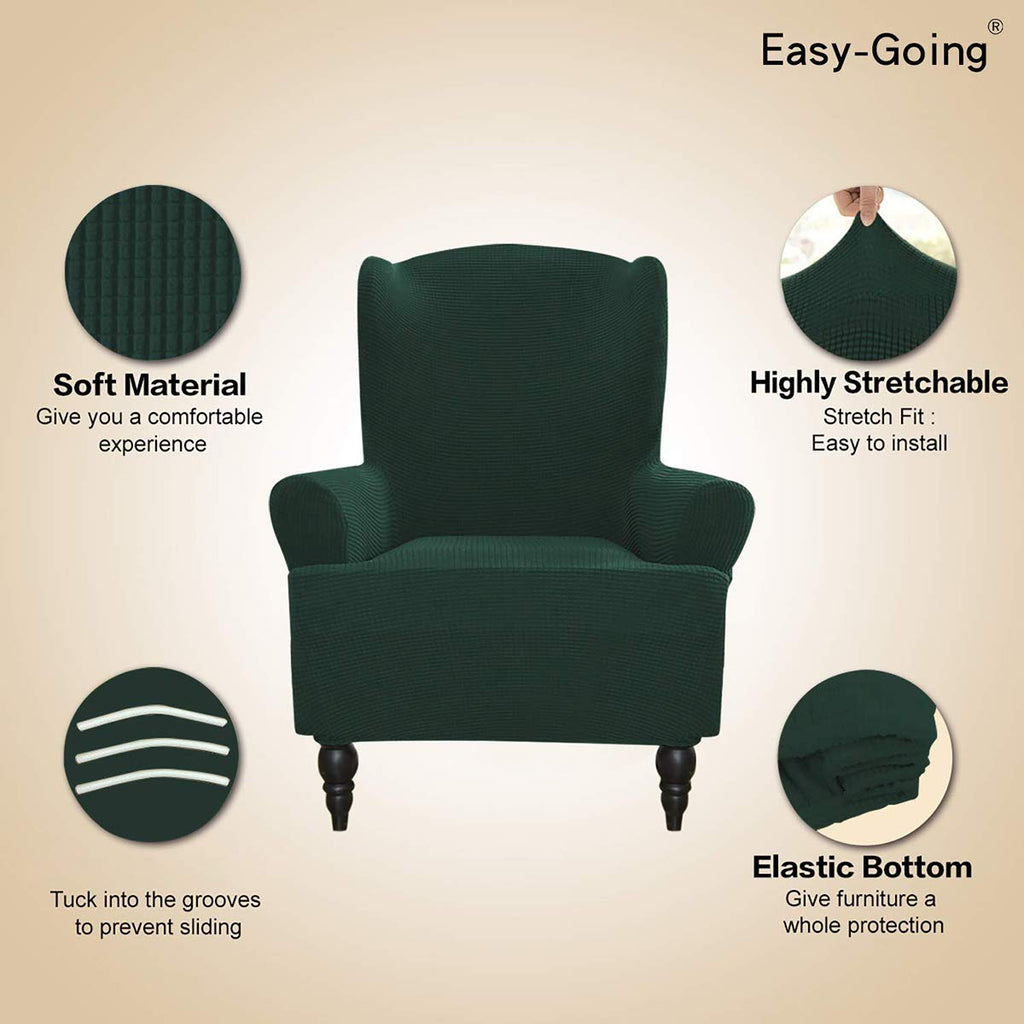 Easy-Going Wingback Chair Slipcover, Polyester Spandex Jacquard, Dark Green, Small Checks, Fits Seat Width 20-30 inches