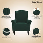 Easy-Going Wingback Chair Slipcover, Polyester Spandex Jacquard, Dark Green, Small Checks, Fits Seat Width 20-30 inches