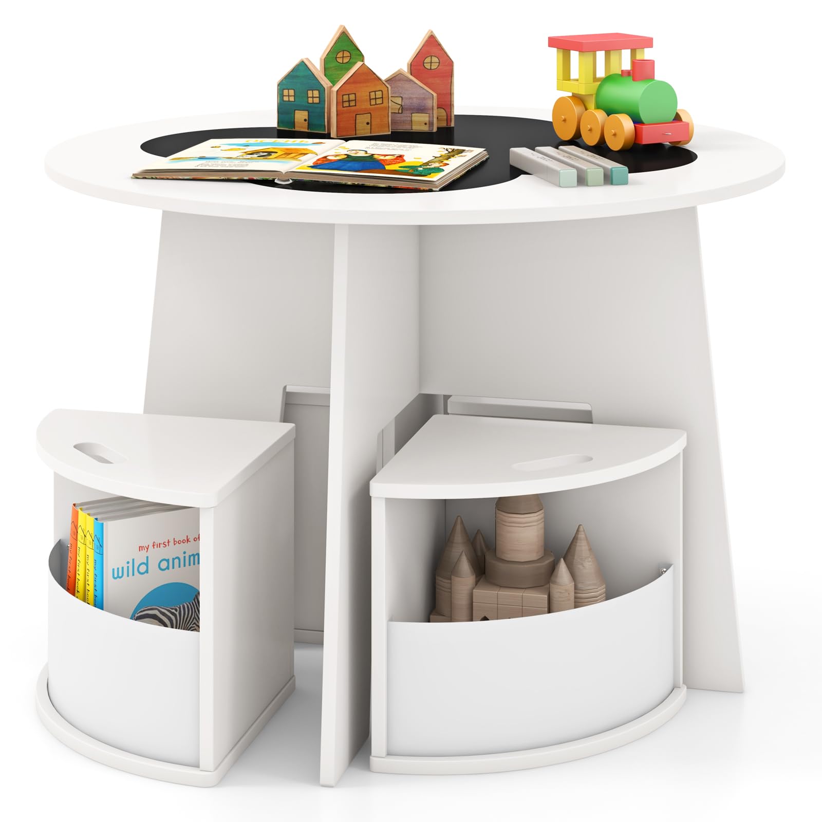 Costzon Kids Table and Chairs, 5 Pieces Children Round Table w/ 4 Storage Stools & Chalkboard Tabletop for Activity, Art, Craft,