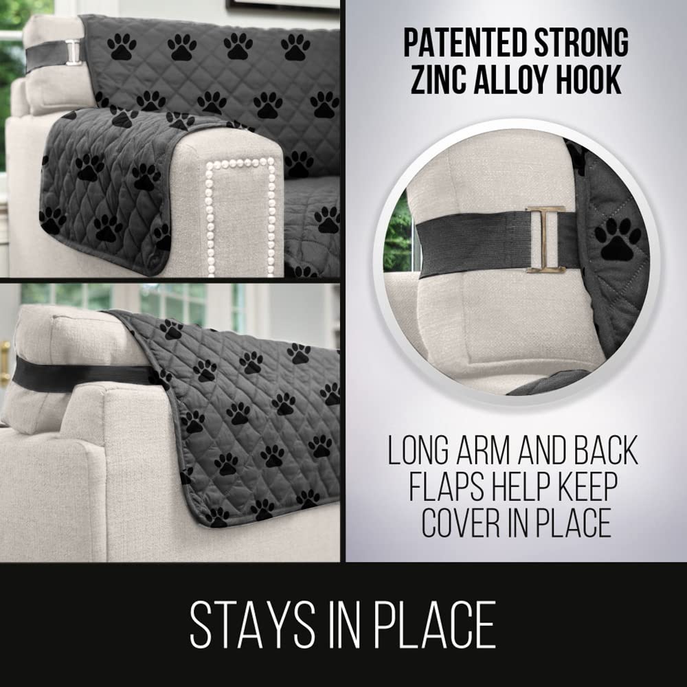 Sofa Shield Couch Slip Cover With Patented Strap, Cushion Protector, Reversible Stain And Dog Tear Resistant Slipcover, Quilted Microfiber 78” Seat, Washable Covers For Dogs Pets Kids, Paw Gray Black
