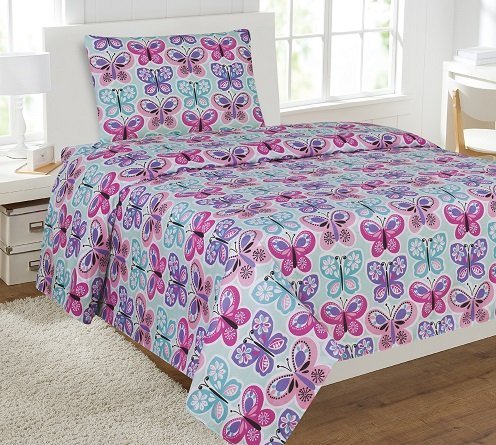 Linen Plus Sheet Set For Girls/Teens Butterfly Light Blue Turquoise Pink Purple Flat Sheet Fitted Sheet And Pillow Case Twin Siz