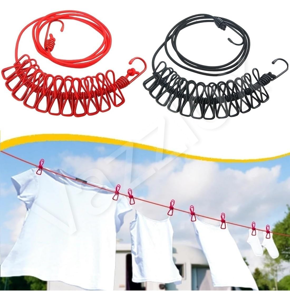 Cloth Drying Rope With Hooks (Pack Of 2) Elastic Cloth Hanging Rope For Cloth Drying With 12 Clips Cloth Rope For Drying Clothes