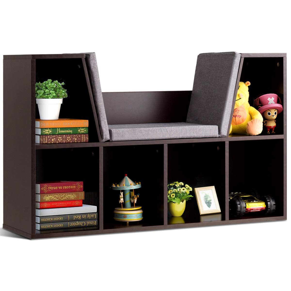Costzon Kids Bookshelf With Reading Nook, 6 Cubby Kids Bookcase With Soft Seat Cushion, Wooden Toy Storage Organizer With Bench, Book Shelf For Kids Room, Playroom, Nursery, Daycare
