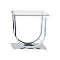 Benjara Tempered Glass Top End Table with U Shape Metal Frame, Clear and Chrome