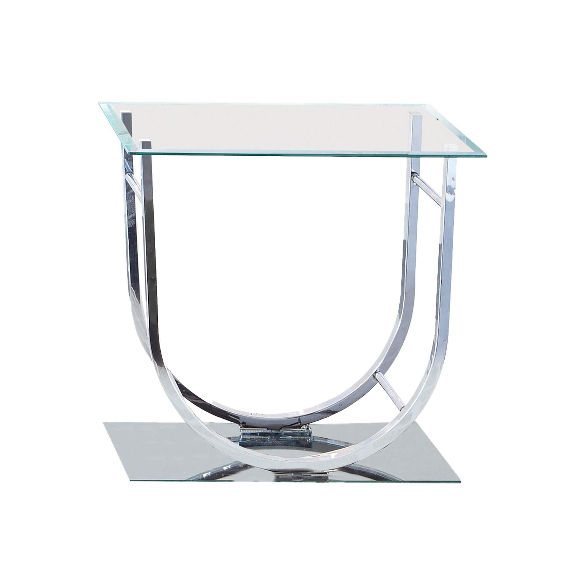 Benjara Tempered Glass Top End Table with U Shape Metal Frame, Clear and Chrome