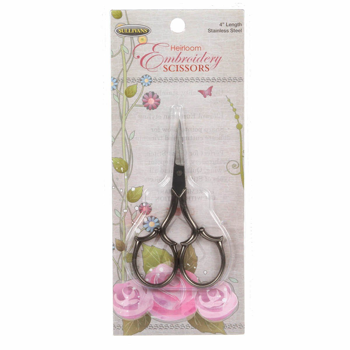Sullivans Heirloom Embroidery Leaf Handle, 4'', Silver Scissors