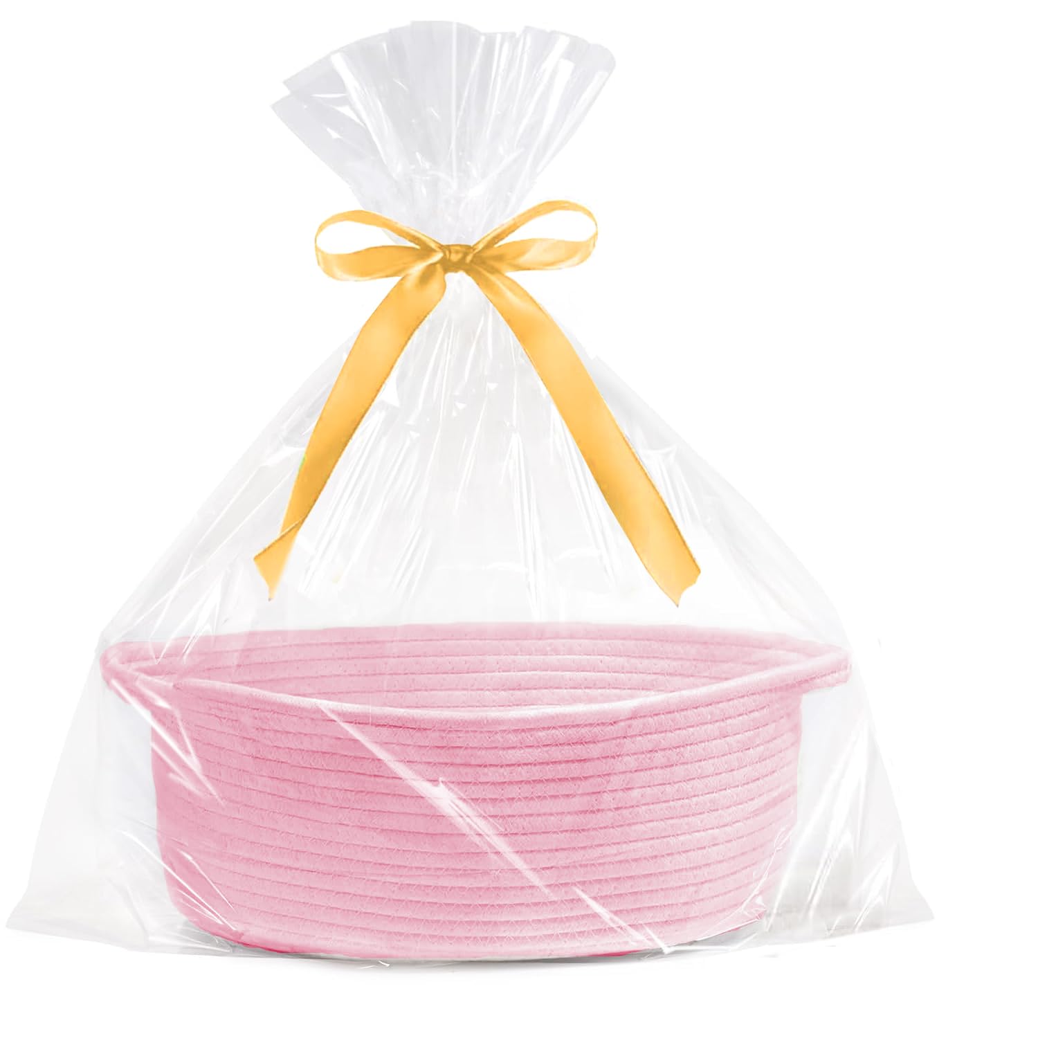 GIFTEXPRESS Pink Woven Gift Basket, Clear Cellophane Bag & Ribbon - 13' x 8' x 5' Cotton Rope Empty Decorative Gifting Basket