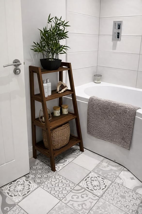 FURNIFOX Classic Ladder Shelf, White, Wood, 4Tier Storage, AFrame, Space Saving Bathroom Organiser (Brown)