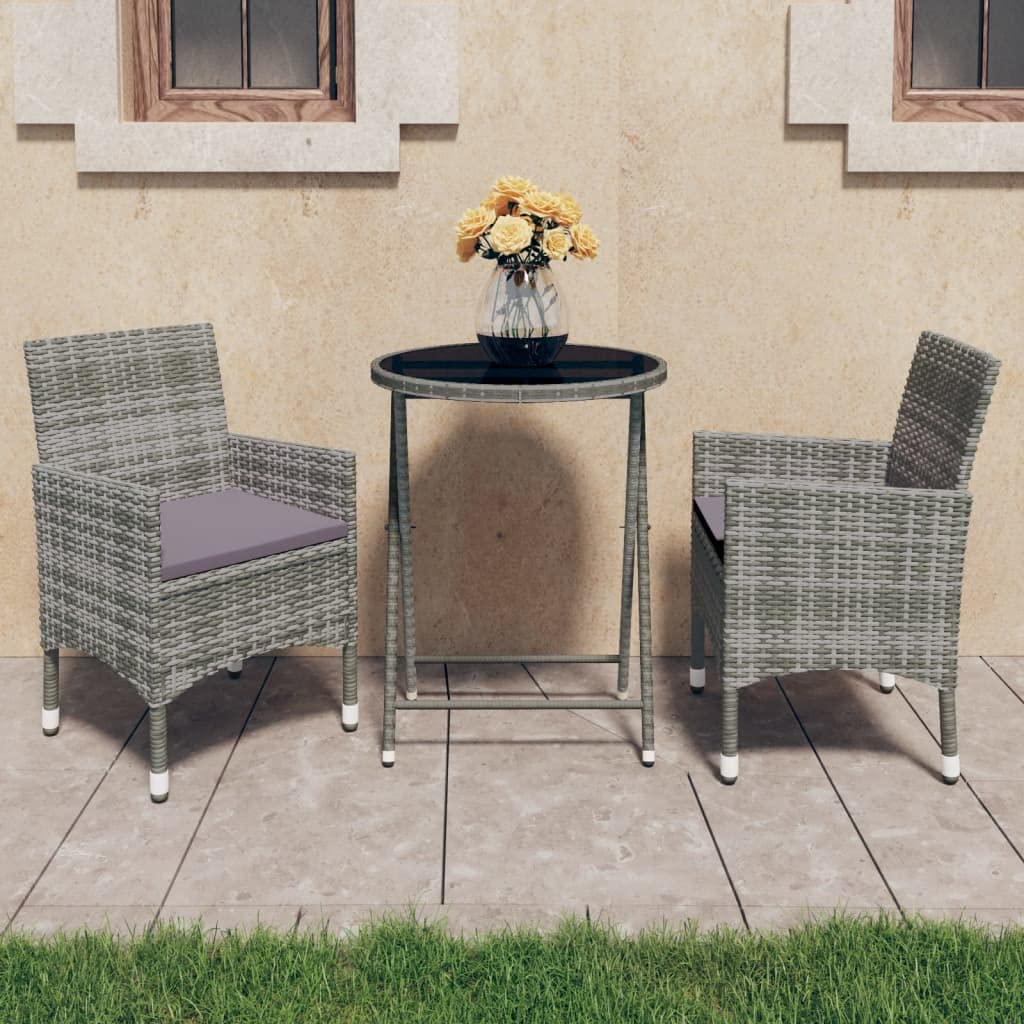 vidaXL Patio Bistro Set 3 Piece, Outdoor Bistro Table for Porch, Patio Furniture Set with Table, Chair, Modern Style, Poly Rattan&Tempered Glass Gray