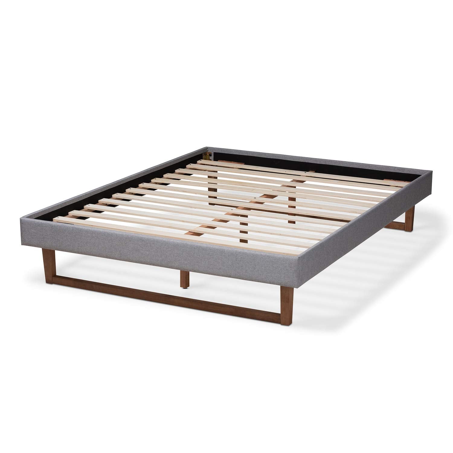 Baxton Studio Liliya Mid-Century Modern Light Grey Fabric Upholstered Walnut Brown Finished Wood Full Size Platform Bed Frame
