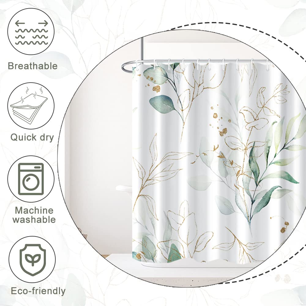 Ruelvth Eucalyptus Shower Curtain, Spring Sage Green And Gold Abstract Leaves Shower Curtain Set For Bathroom Waterproof Fabric