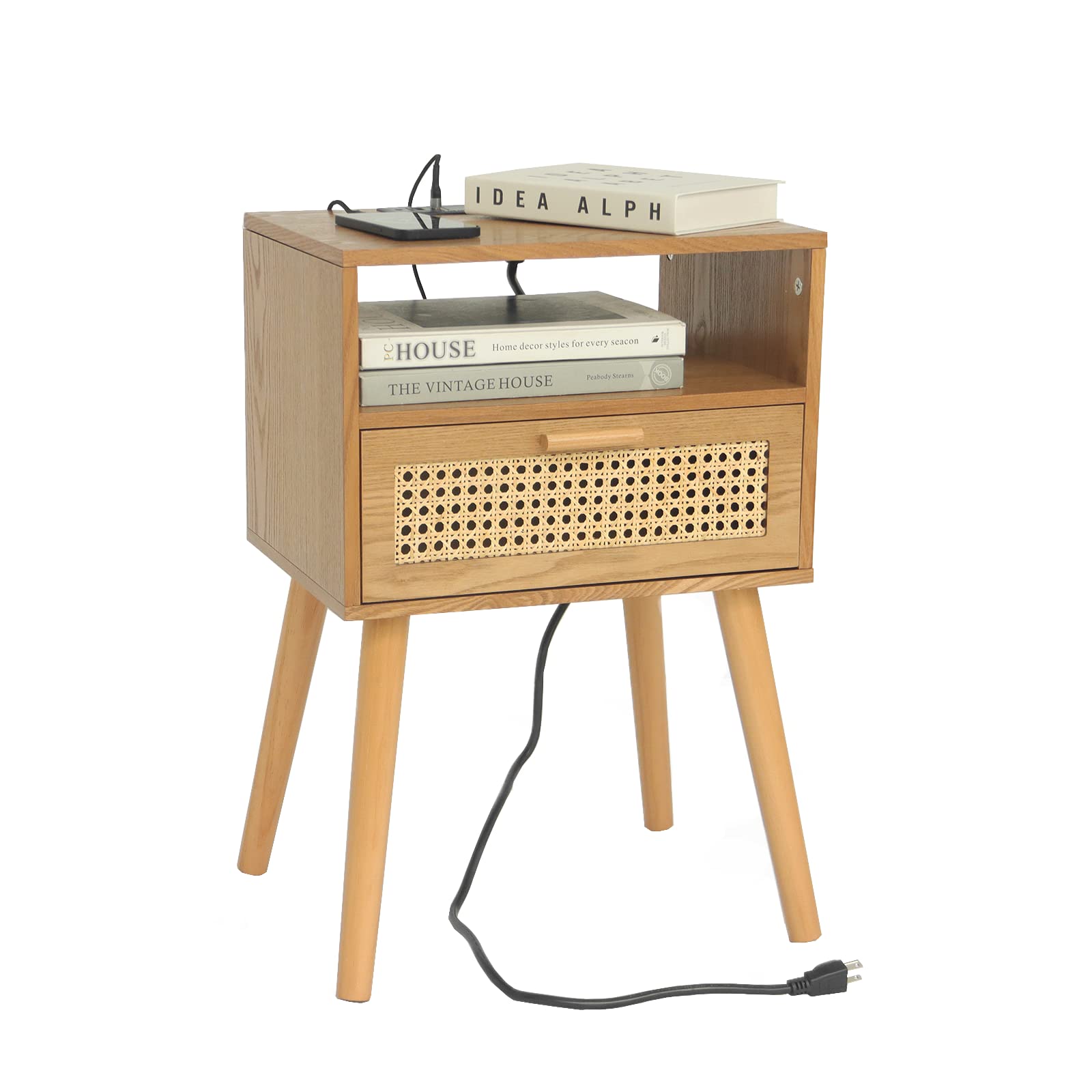 Maxsmeo Mid Century Modern Nightstand With Charging Station, Bedside Tables With Rattan Drawer, Small Wood Nightstand Side Table For Living Room,Bedroom (Brown)