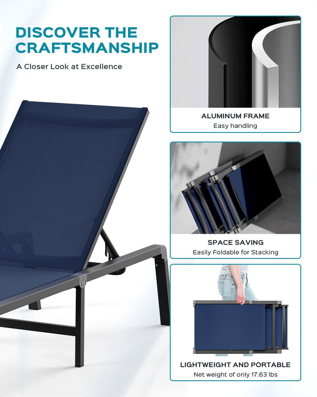 Aluminum Chaise Lounge Ourdoor - Foldable & Assemble Free Outdoor Lounge Chair With 5 Adjustable Backrest, Patio Lounge Chair For Outside Poolside Beach Pool, Navy Blue