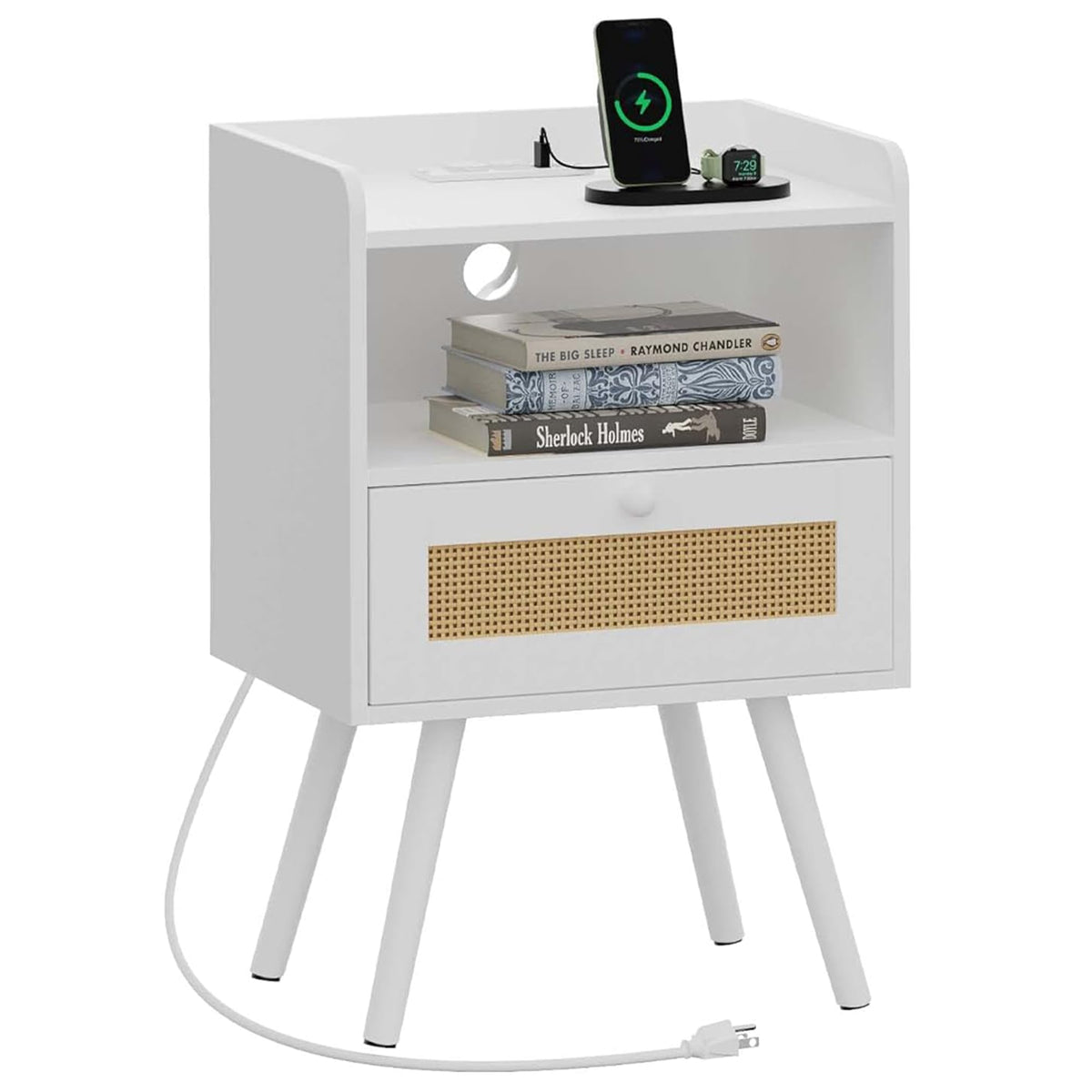 Superjare Nightstand With Charging Station & Rattan-Like Decor Drawer, Rattan End Table With Solid Wood Feet, Bed Side Table With Open Storage, For Bedroom, Living Room, Dormitory - White