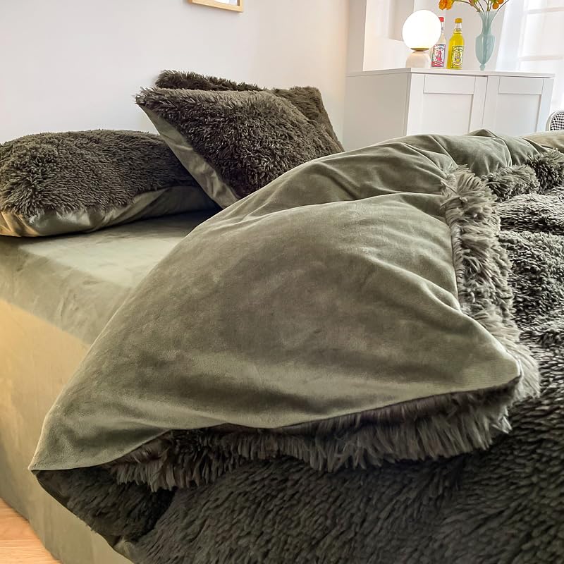 Chovy Faux Fur Plush Blackish Gree Comforter Sets Queen - Ultra Soft Shaggy Flannel Velvet Fluffy Fuzzy 3Pc Bedding Set (Comfort