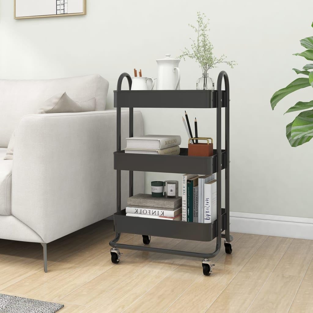 vidaXL 3-Tier Multipurpose Trolley in Anthracite – Steel, Mobile Utility Cart with Wheels and Brakes, Spacious Storage Organizer for Office, Beauty Supplies, Kitchen Essentials