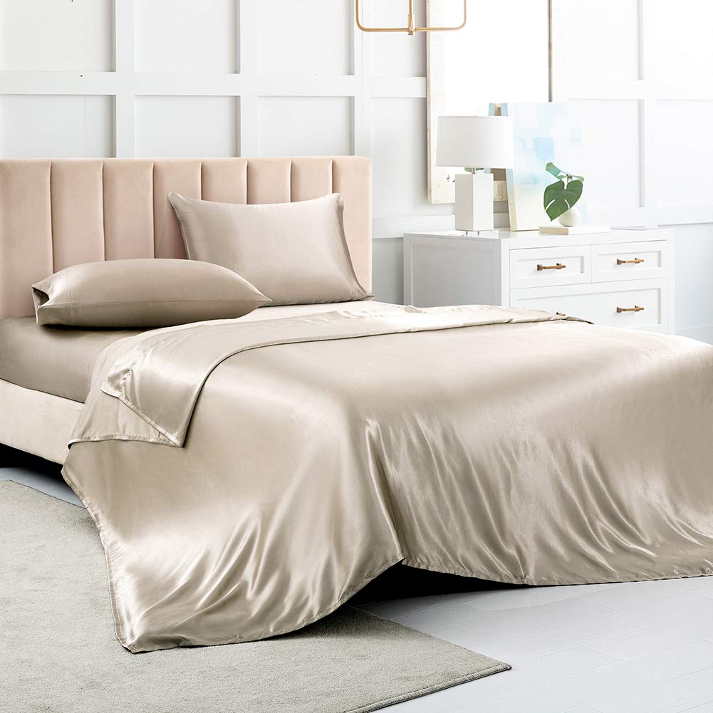 Satin Bed Sheets California King Size Sheets Set, Taupe Silk Sheets, 4 - Pieces Soft Bedding Set With 1 Deep Pocket Fitted Sheet