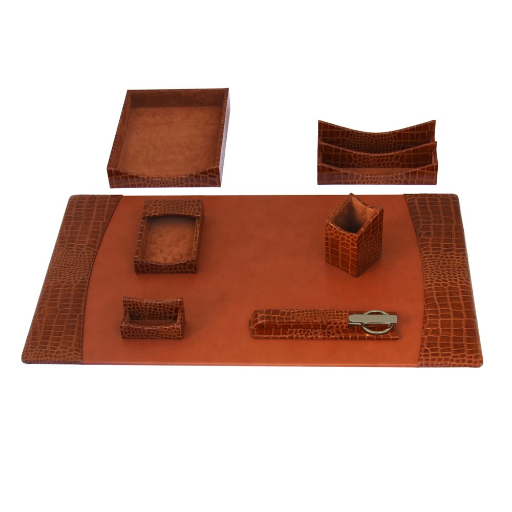 Protacini D6104 7 Piece Leather Desk Set, 34.75 X 20.75 X 5.38, Brown