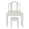The Urban Port 35-Inch 3-Piece Vanity Desk Set with Cushioned Stool and Elegant Trifold Mirror, 4 Drawers, Solid Wood, Off White