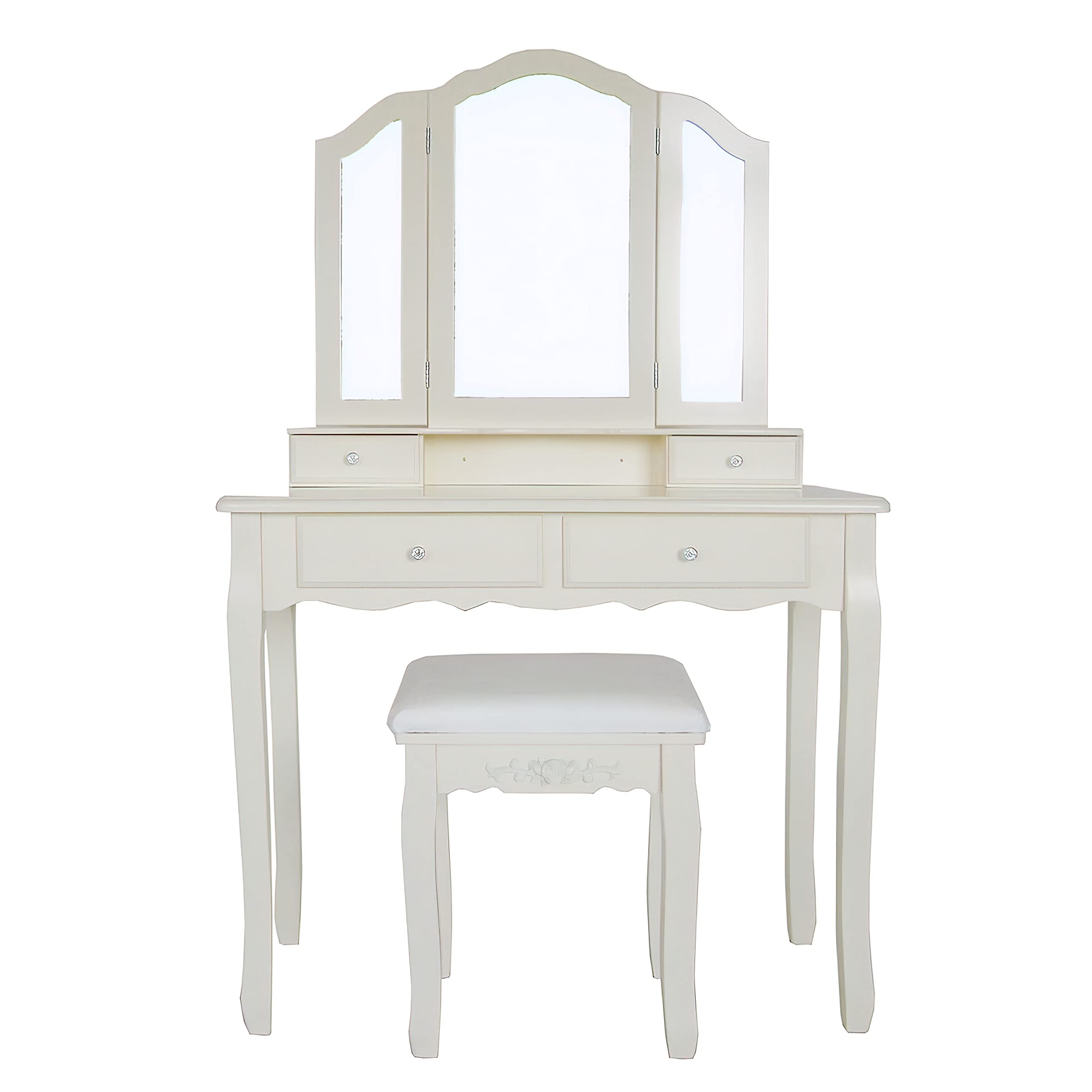 The Urban Port 35-Inch 3-Piece Vanity Desk Set with Cushioned Stool and Elegant Trifold Mirror, 4 Drawers, Solid Wood, Off White