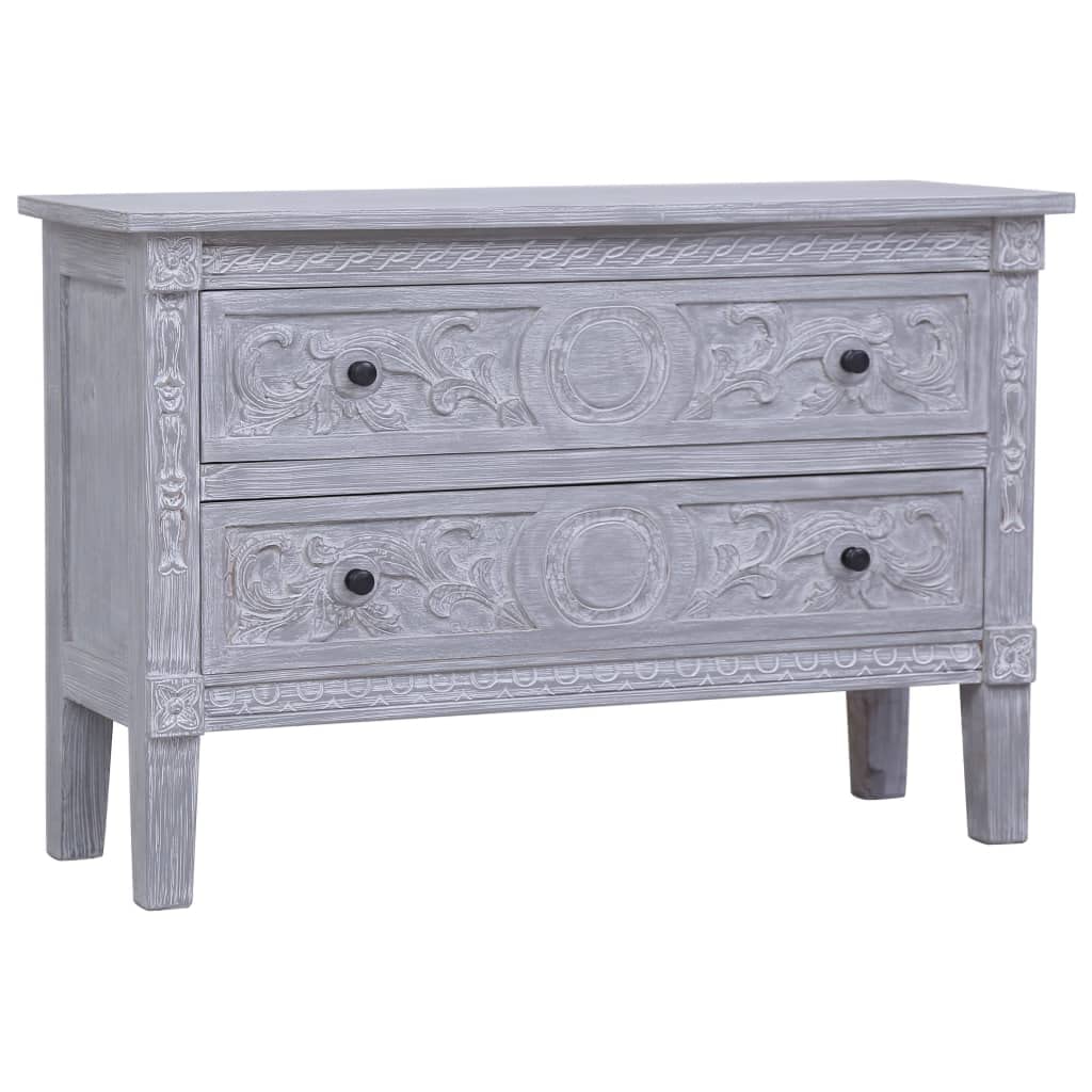 vidaXL FarmhouseStyle Sideboard  Solid Mahogany Wood with Gray Wash Finish and Two Drawers  35.4x11.8x23.6