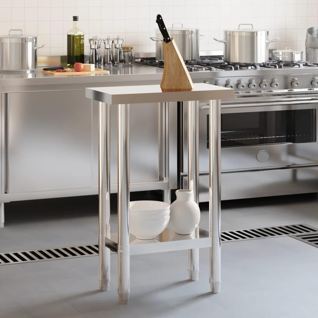vidaXL Stainless Steel Kitchen Work Table - 21.7"x11.8" Surface, with Storage Shelf & Adjustable Feet for Home, Restaurant, School