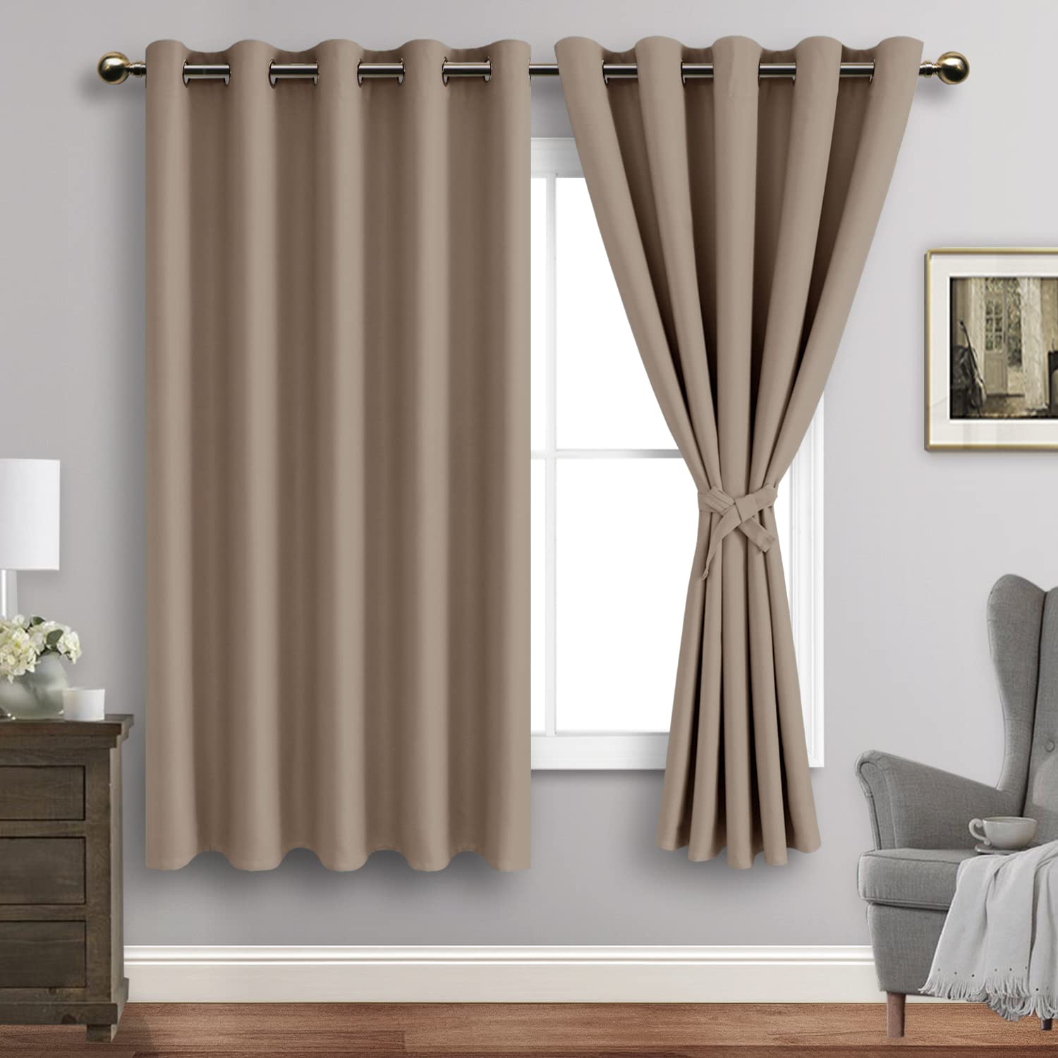 Jiuzhen Taupe Blackout Curtains With Tiebacks - Thermal Insulated, Light Blocking And Noise Reducing Grommet Curtains For Bedroom And Living Room, Set Of 2 Window Curtain Panels, 60 X 63 Inch Length