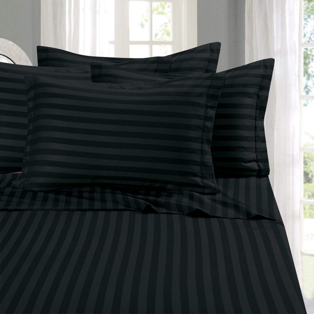 Elegant Comfort Silky-Soft 1500 Premier Hotel Quality Wrinkle-Free 4-Piece Stripe Sheet Set, Queen, Black