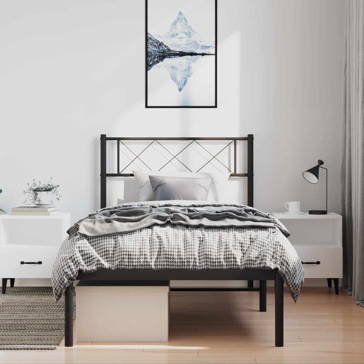 vidaXL 12'' Twin XL Metal Bed Frame with Headboard, Black, Noise-Free, Strong Slats, Under-Bed Storage, No Mattress Included