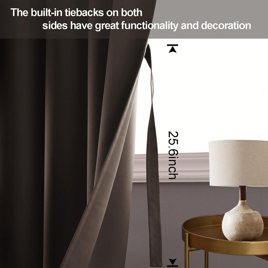 Jiuzhen Blackout Curtains With Tiebacks - Thermal Insulated, Light Blocking And Noise Reducing Grommet Curtain Drapes For Bedroom And Living Room, Set Of 2 Panels, Brown, 52X 63 Inch Length