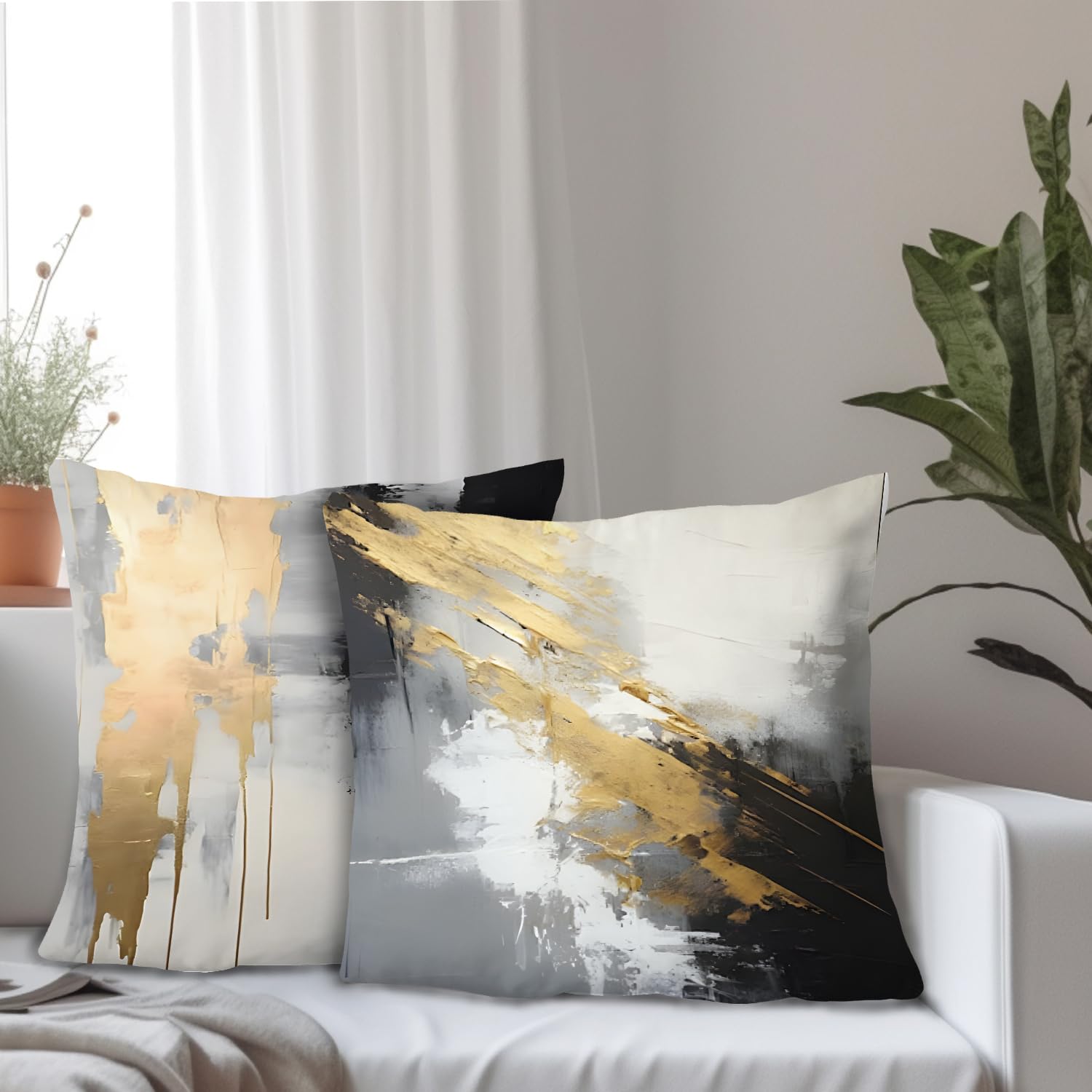 Supwhd Black And Gold Pillow Covers, Abstract White Black And Gold Pillow Covers 24X24 Set Of 2, Modern Black And White Pillow C