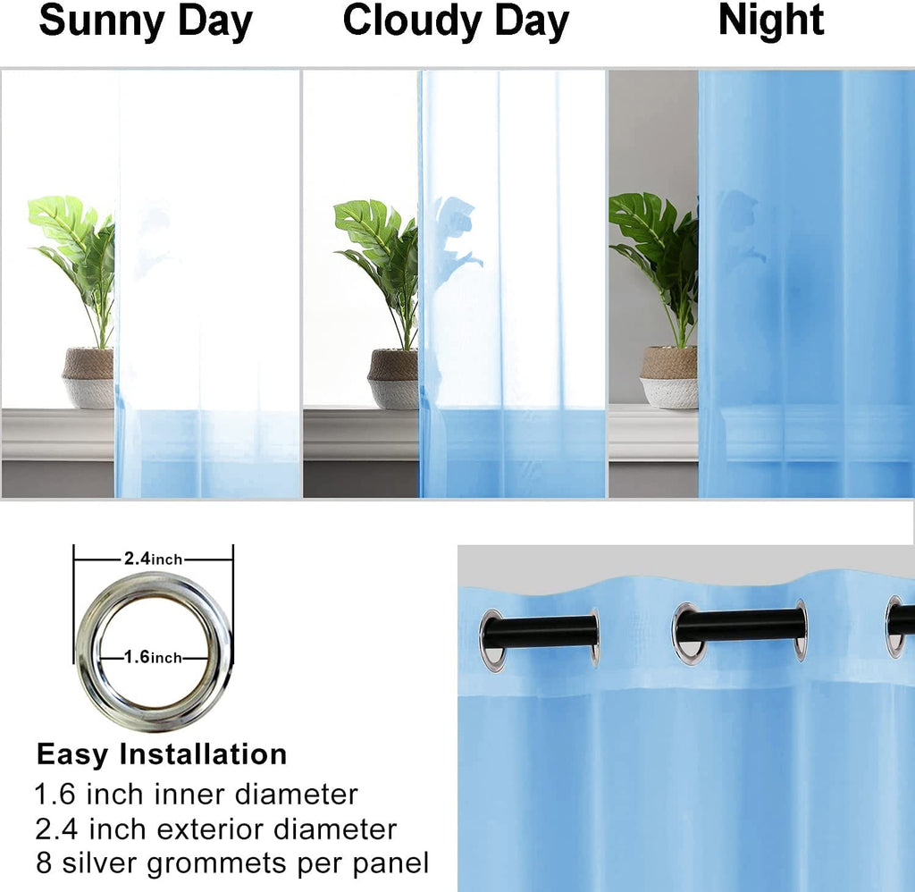 Hiasan Sheer Curtains For Bedroom With Tiebacks, Airy Breathable Voile Drapes Light Filtering Grommet Window Curtains For Living Room, Nursery, Farmhouse, Baby Blue, W52 X L63, 2 Soft Panels